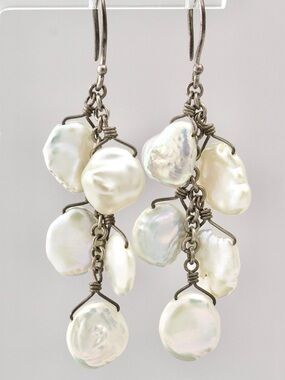 Vintage Keshi Pearl Sterling Silver Dangle Earrings Cascading Cluster